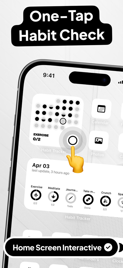 Habit Tracker Widget - Interactive habit tracker widget on an iPhone home screen showing one-tap habit completion
