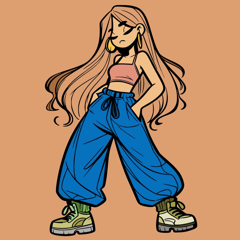 girl in baggy pants crop top and long hair