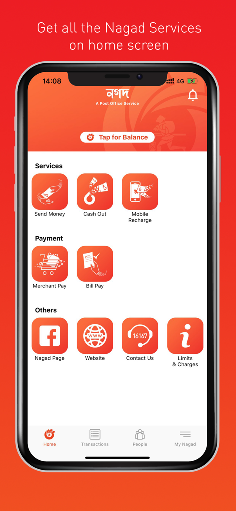 Nagad - Pantalla de inicio de la aplicación Nagad que muestra servicios como envío de dinero, retiro y recarga móvil