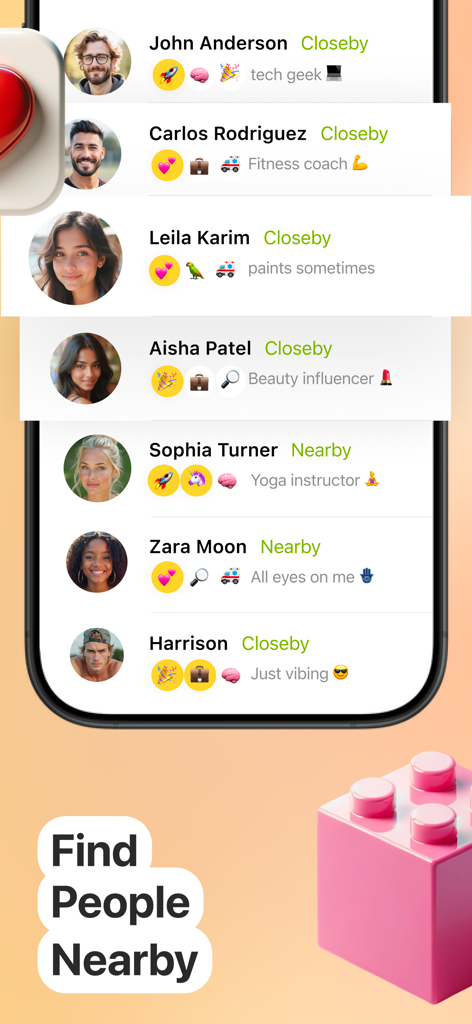 Interface of the Kiki app showing a list of nearby users with their profile photos and local status