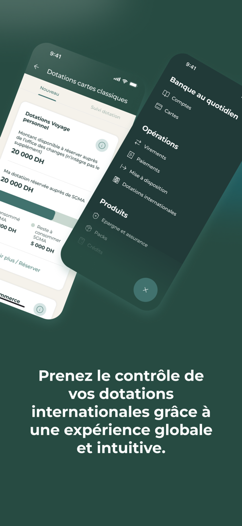 Saham Bank mobile app interface showing international travel endowment management and banking operations menu