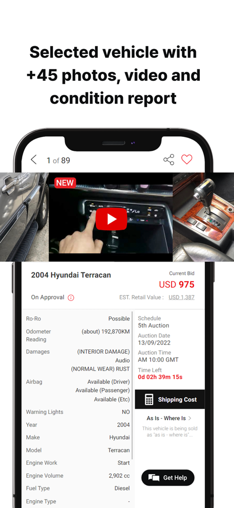 Detailed vehicle condition report in the Auctionwini app showing photos and bidding information for a used car