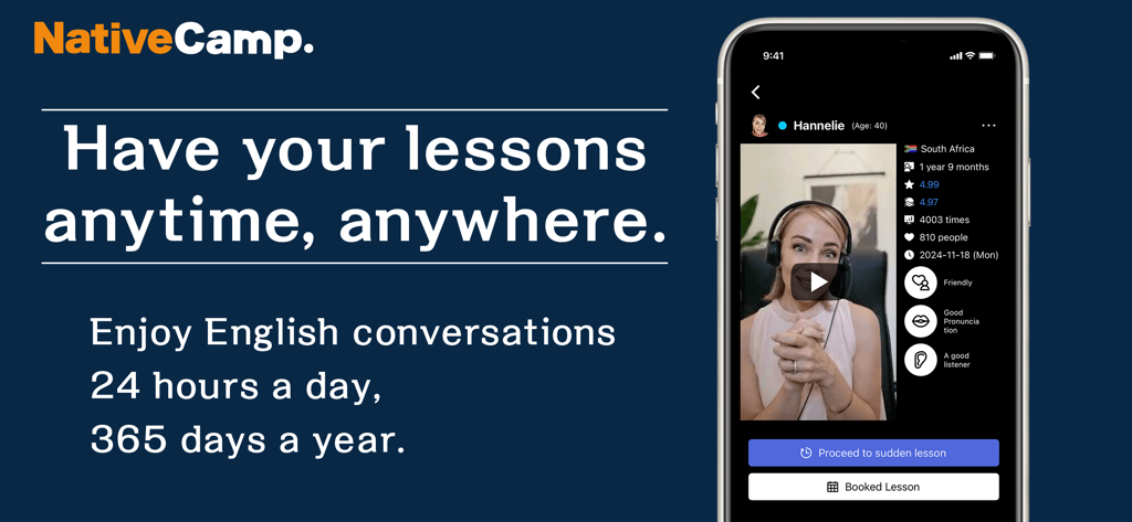 Benutzeroberfläche der Native Camp App mit einem Profil eines Live-Englisch-Tutors und On-Demand-Lektionsoptionen
