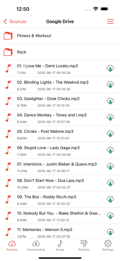 Interface de l'application Cloud Music Player montrant des fichiers musicaux dans Google Drive pour une écoute hors ligne
