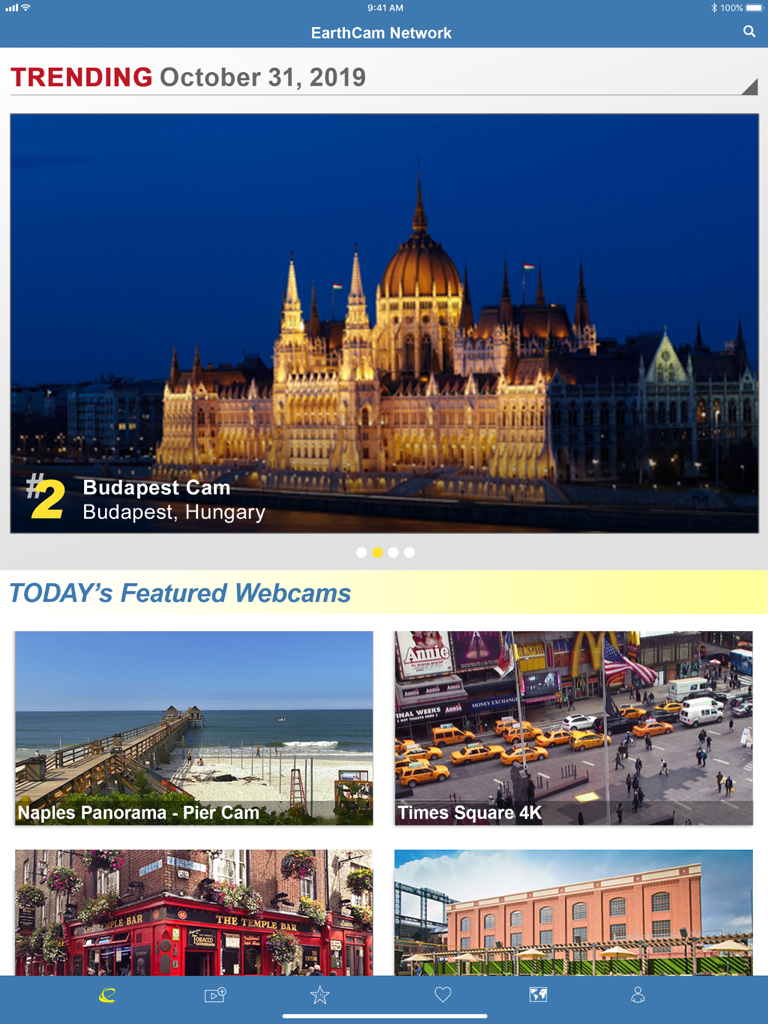EarthCam app interface displaying trending live webcams from around the world including Budapest and Times Square