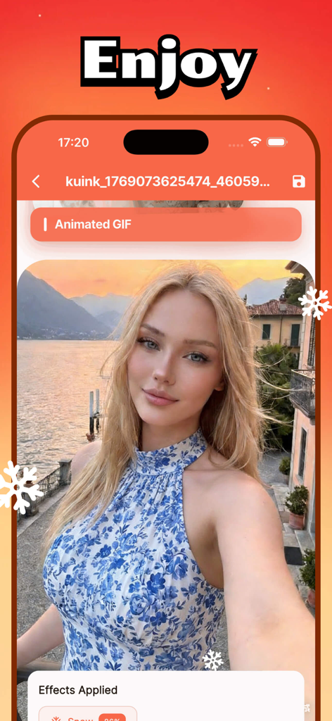 Kuink - Porträt einer jungen Frau in einem blauen geblümten Kleid mit animierten Schneeflockeneffekten, angewendet mit der Kuink App-Oberfläche
