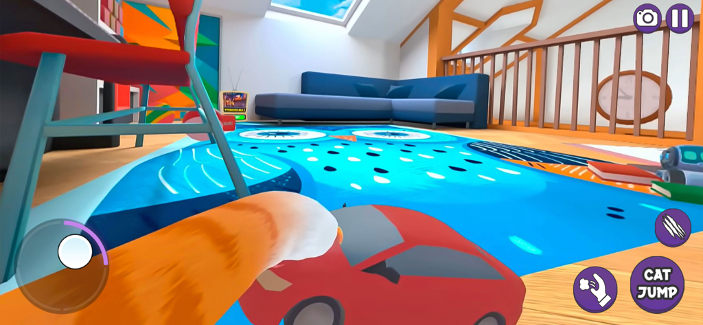 My Amazing Virtual Cat Life 3D - First person view of a ginger cat paw playing with a red toy car on a colorful rug in a 3D living room.