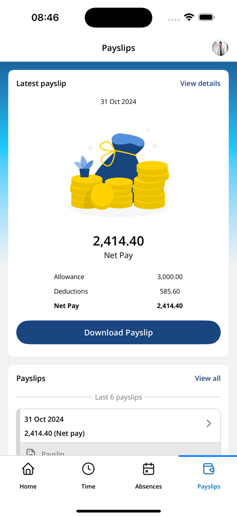 iTrent Mobile app payslip screen displaying net pay amount and a download payslip button