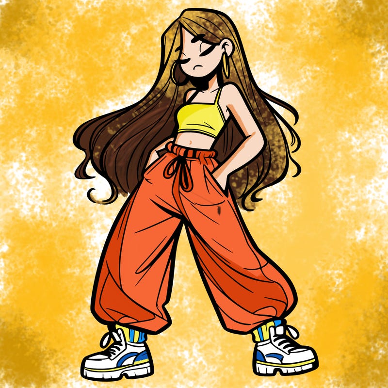 girl in baggy pants crop top and long hair