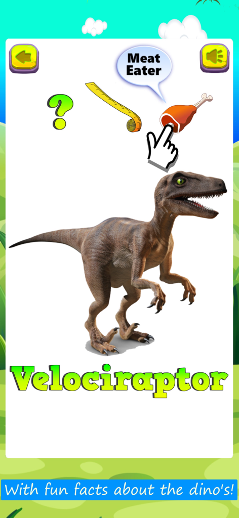 Dinosaur Games For Kids - FULL - Tarjeta educativa de un Velociraptor mostrando que es carnívoro en la aplicación Juegos de Dinosaurios para Niños.