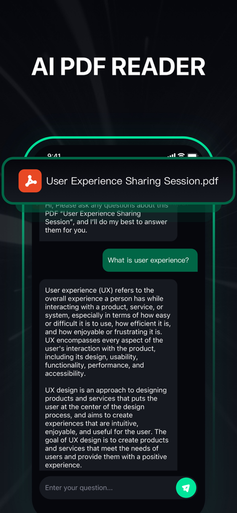 Chatify - AI Chat - Chatify AI mobile app interface showing the AI PDF Reader feature analyzing a document through chat