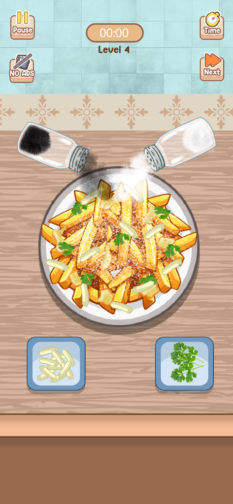 ASMR Chef Cozy Kitchen Cooking - Un plato de patatas fritas siendo sazonado con sal y pimienta en un acogedor juego de cocina móvil.