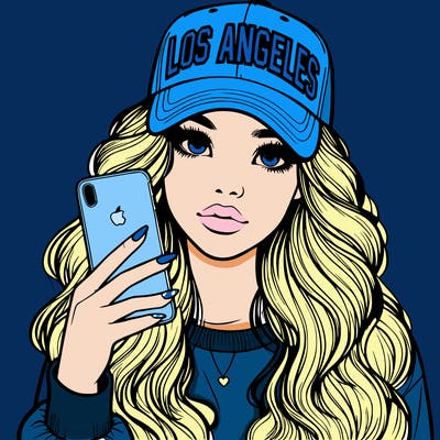 realistic beautiful girl wearing los ángeles cap holding an iphone