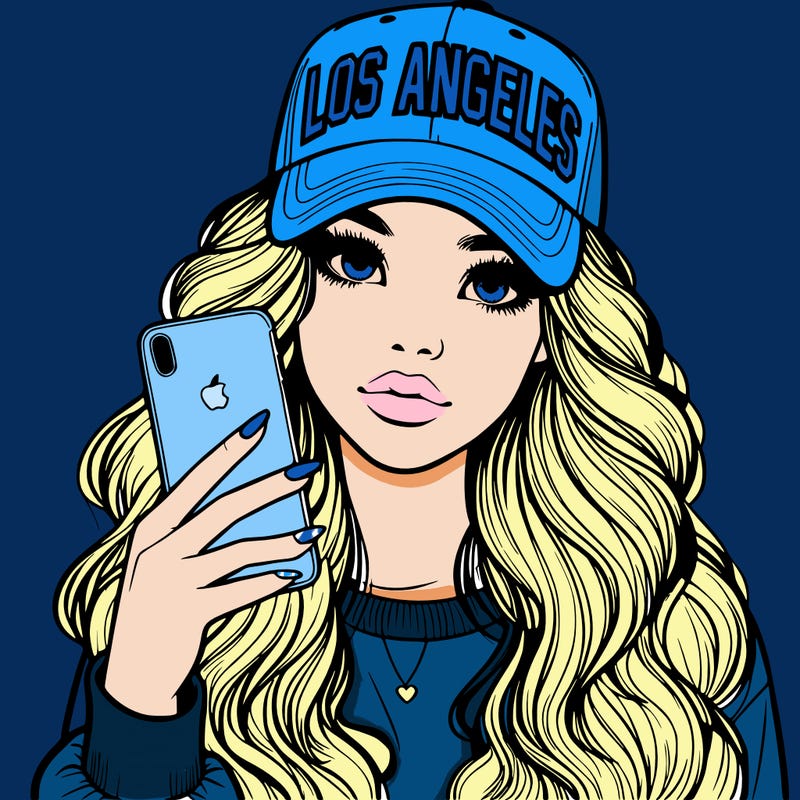 realistic beautiful girl wearing los ángeles cap holding an iphone
