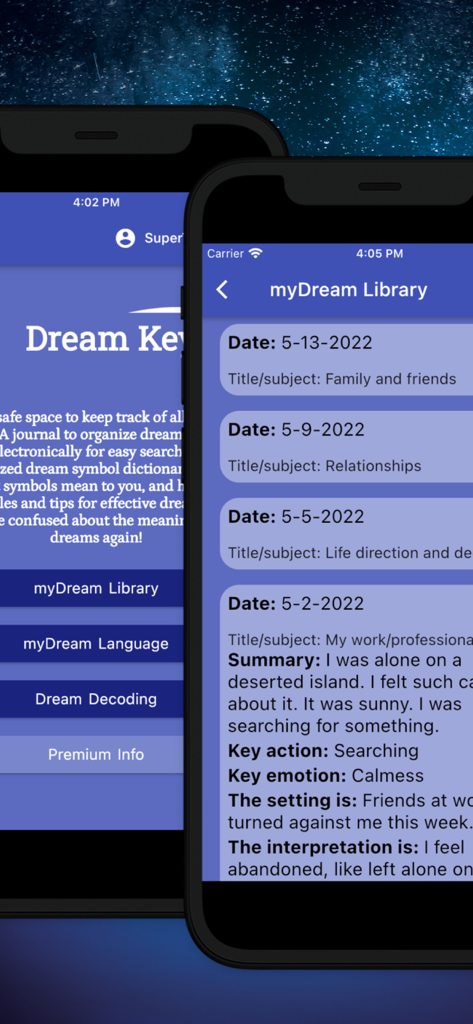 Dream Keys - Dos pantallas de iPhone que muestran el menú de la aplicación Dream Keys y una biblioteca de sueños con entradas de diario detalladas que incluyen resúmenes e interpretaciones.