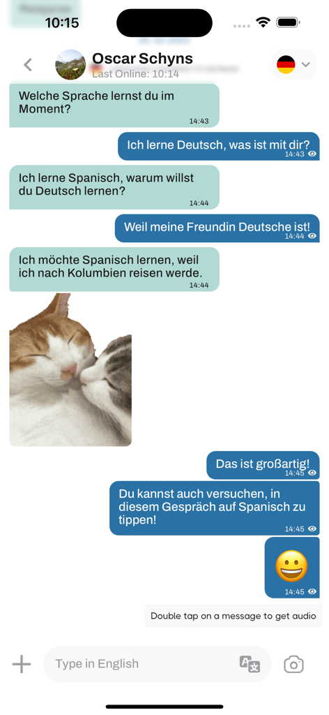 Flipchat - Chat Translator - Flipchat app interface displaying a messaging conversation in German with a real-time English translation input bar