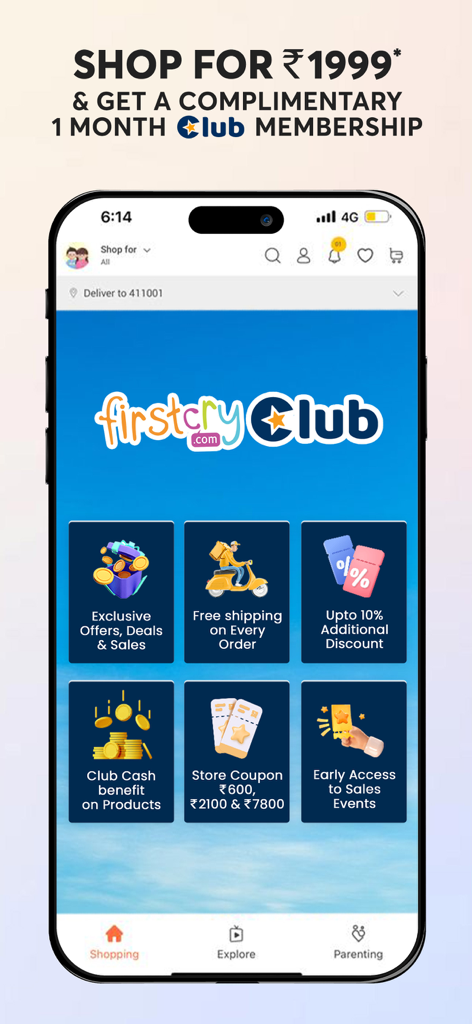 A mobile phone screen showing FirstCry Club membership benefits including exclusive offers free shipping and additional discounts