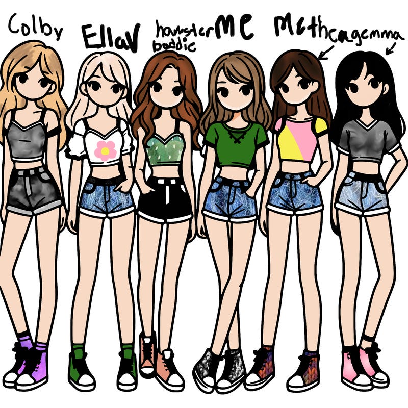 a group of girls wearing crop tops and shorts