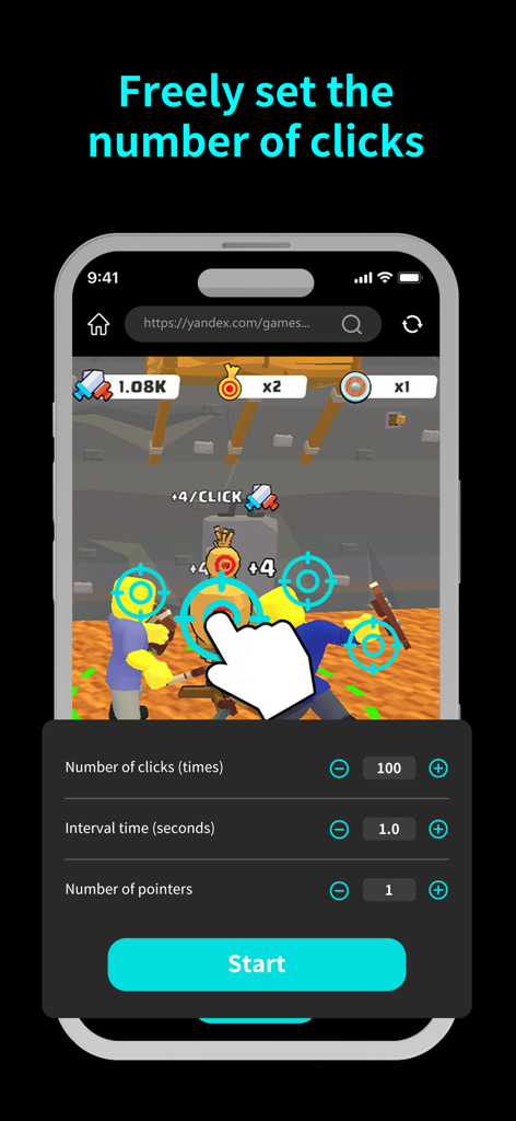 OC Auto Clicker: Auto Tapper - Smartphone screen showing OC Auto Clicker settings panel over a mobile game with options to set number of clicks and interval time.