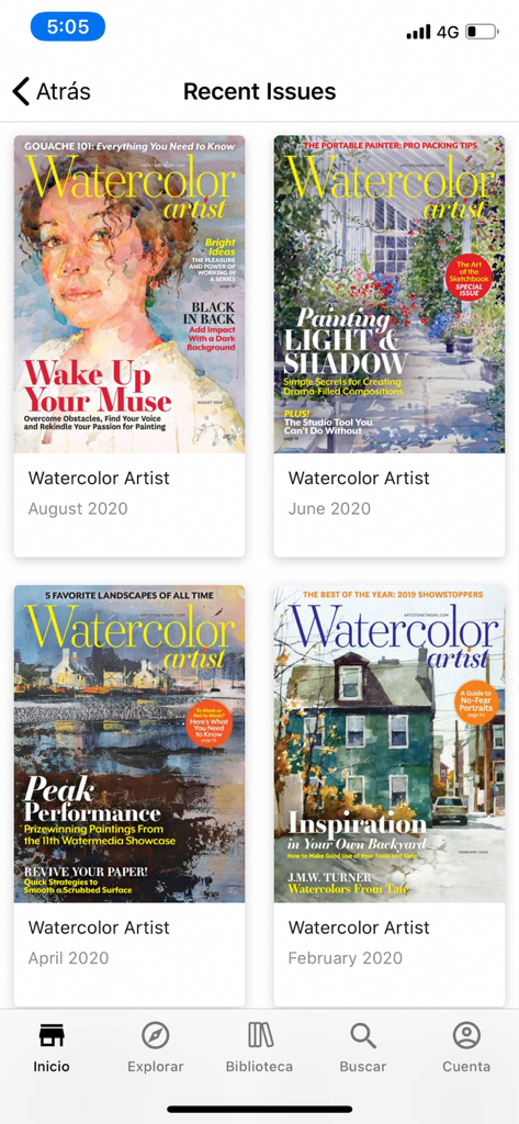 Mobile app screen showing various recent covers of Watercolor Artist Magazine