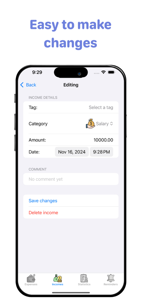 Expentro:budget tracker - Smartphone screen showing the income editing interface of the Expentro budget tracker app