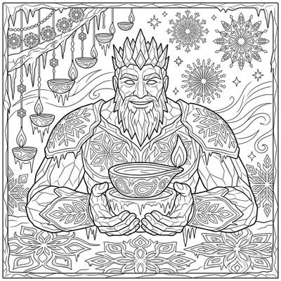 Discover a magical fusion of mythology and festivity with our unique Frost Giant Diwali coloring page. This design beautifully combines the chill of Norse legends with the heartwarming glow of the Festival of Lights.