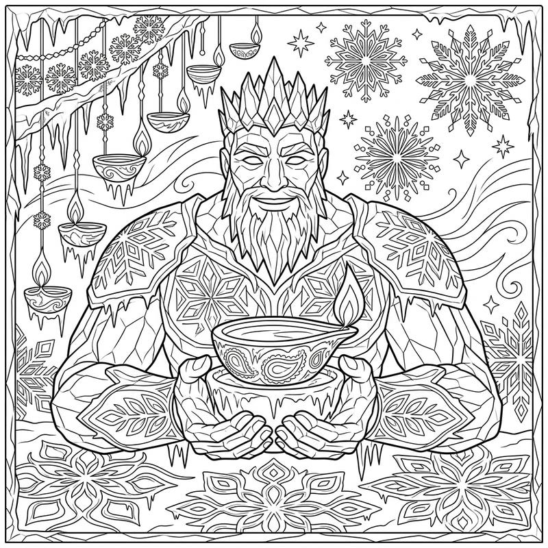 Discover a magical fusion of mythology and festivity with our unique Frost Giant Diwali coloring page. This design beautifully combines the chill of Norse legends with the heartwarming glow of the Festival of Lights.