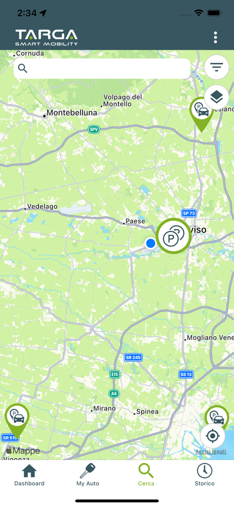 Targa Smart Mobility - Kartenansicht der Targa Smart Mobility App, die Carsharing-Stationen und Fahrzeugstandorte anzeigt