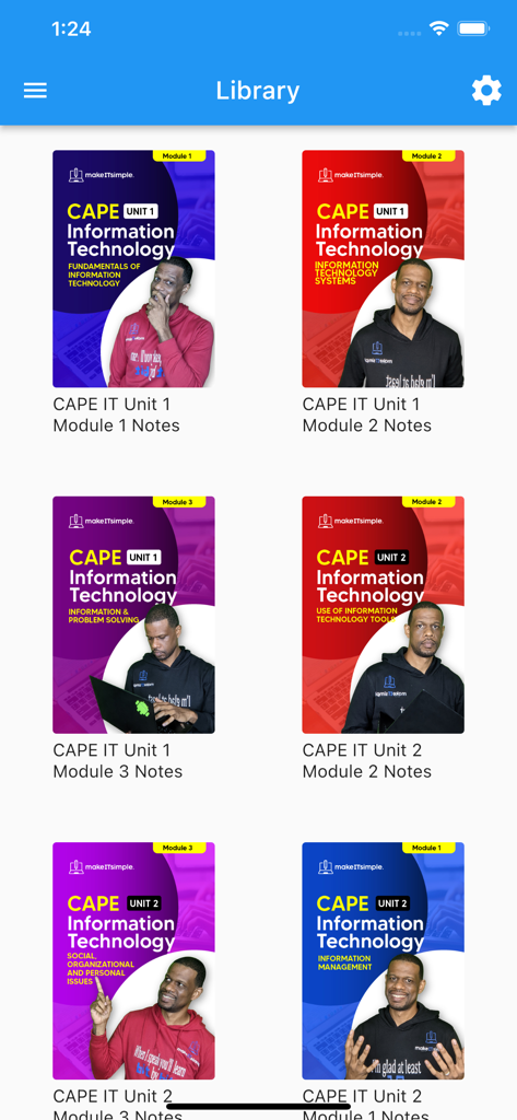 LearnIT by makeITsimpleTT - Library screen of LearnIT app displaying various CAPE Information Technology module notes featuring Mr Charles