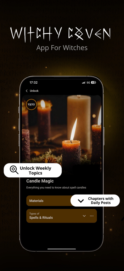 Uma captura de tela do aplicativo Witchy Coven mostrando tutoriais de magia com velas e capítulos de lições