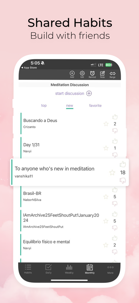 Habit-Bull: Daily Goal Planner - Una captura de pantalla de la aplicación Habit-Bull que muestra un foro de discusión sobre meditación para construir hábitos con amigos.