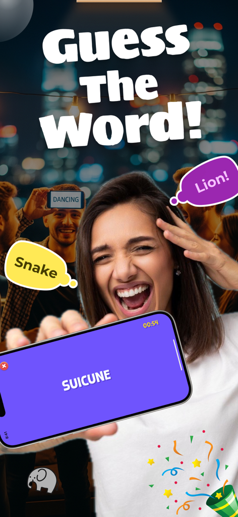 Charades: Family & Party Game - A woman playing a heads-up style charades guessing game with friends at a party