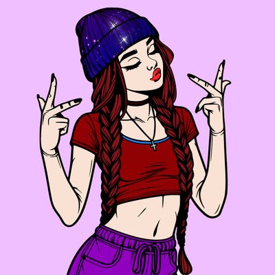 realistic teenage girl with braids and a beanie and crop top doing 🫶🏼