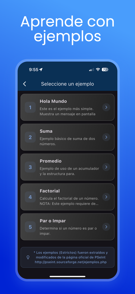 Pseudocode, PSeInt, Visualg - Hello WorldやSumなどの基本的なコーディング例のリストが擬似コードアプリに表示されています