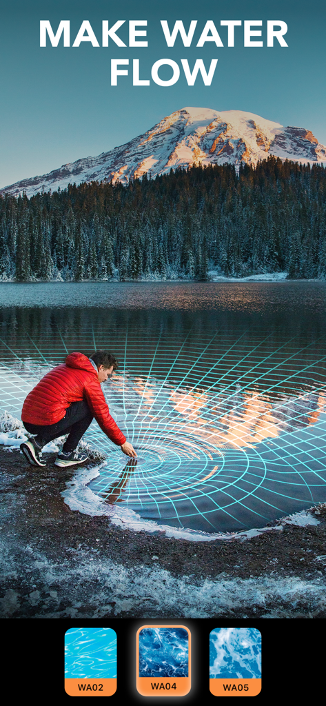 A person using the Motionleap app to animate water ripples in a scenic lake photo