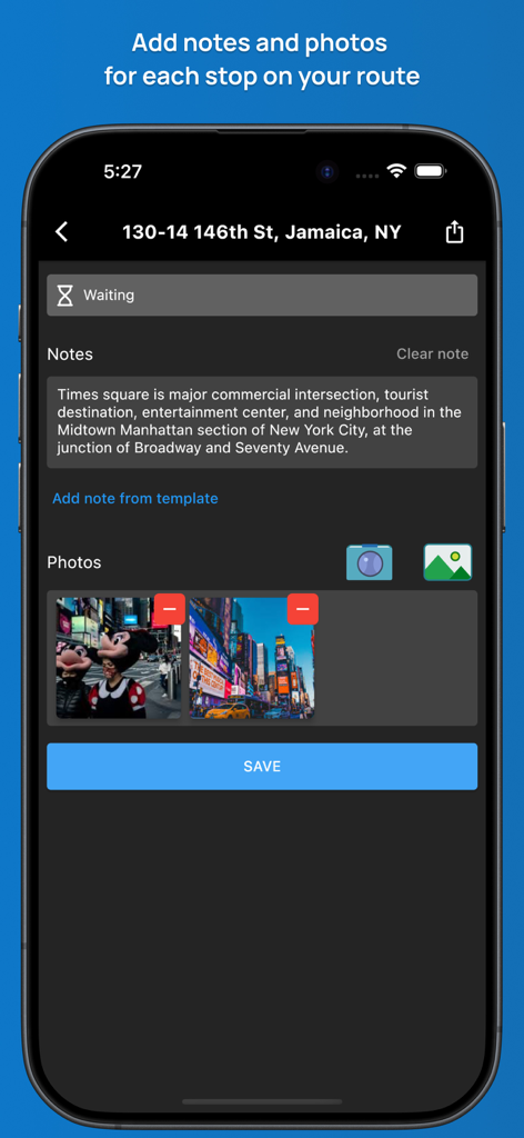 Routin Route Planner - A screenshot of the Routin app showing the interface to add notes and photos for a specific delivery stop