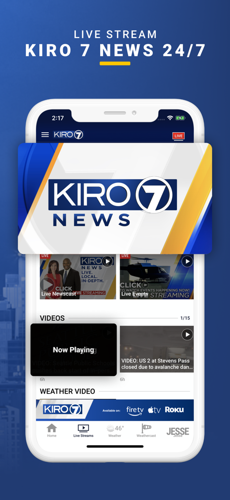 KIRO 7 News App- Seattle Area - Interface of the KIRO 7 News app showing options to live stream local newscasts and weather events in the Seattle area