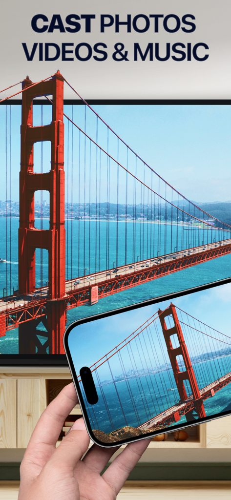 iPhone casting a photo of the Golden Gate Bridge onto a smart TV screen