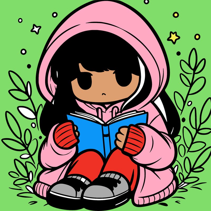 girl in oversized hoodie reading a book