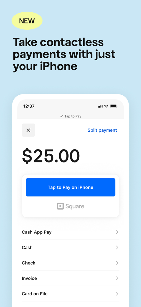 Square: Retail Point of Sale - Bildschirm der Square Retail App, der die Tap to Pay-Funktion auf dem iPhone für kontaktlose Zahlungen anzeigt