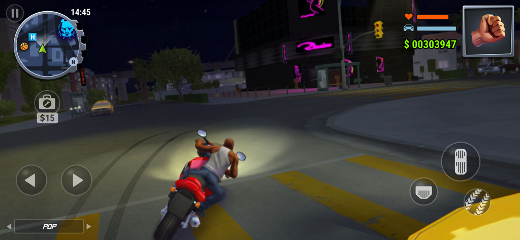 Gangs Town Story: Grand Crime - A character riding a motorcycle through a city street at night in Gangs Town Story