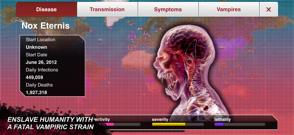Captura de pantalla del juego de Plague Inc. con la interfaz de la cepa vampírica Nox Eternis sobre un mapa mundial.