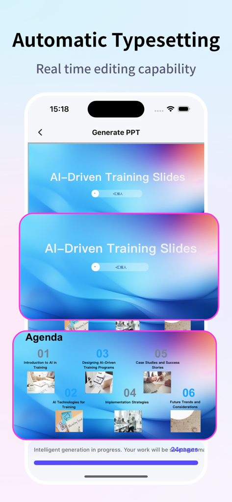 AI PPT - AI PPT mobile app interface showing automatic slide typesetting and real time editing