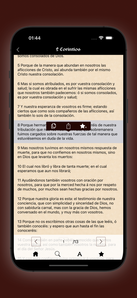 Spanish Bible - Reina Valera - Interfaz de la app Spanish Bible Reina Valera mostrando texto bíblico en español