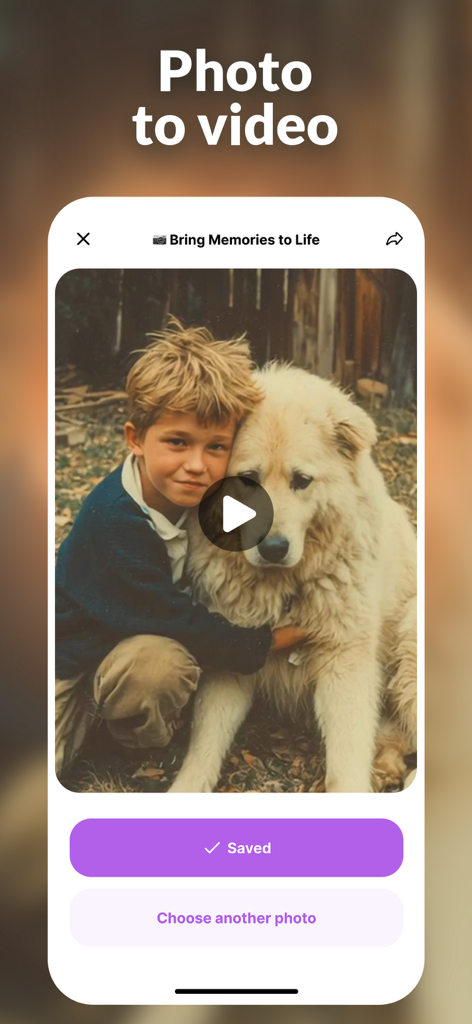 AI Video Photo・DreamPix Editor - ノスタルジックな少年と犬の写真が表示されている、DreamPixのAI写真からビデオへの機能のアプリインターフェース