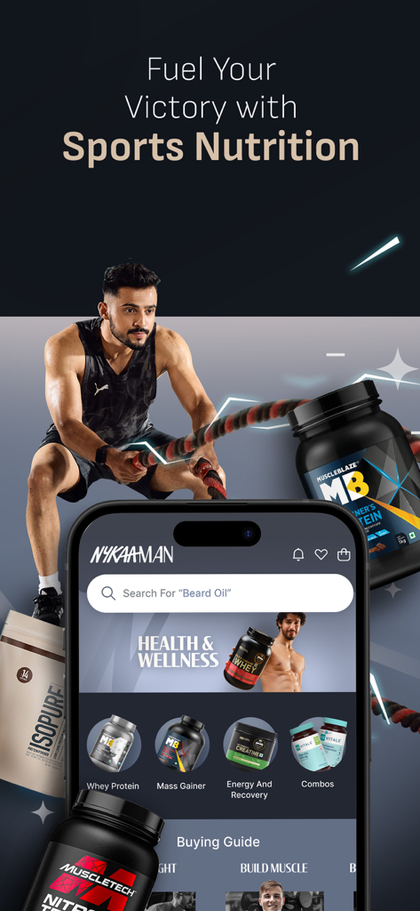 Nykaa Man App-Oberfläche, die Sporternährung und Gesundheits-Nahrungsergänzungsmittel für Männer zeigt