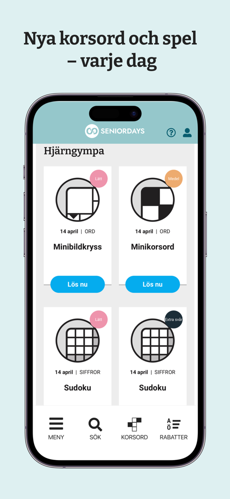 SeniorDays - SeniorDays app interface displaying daily crosswords and sudoku puzzles