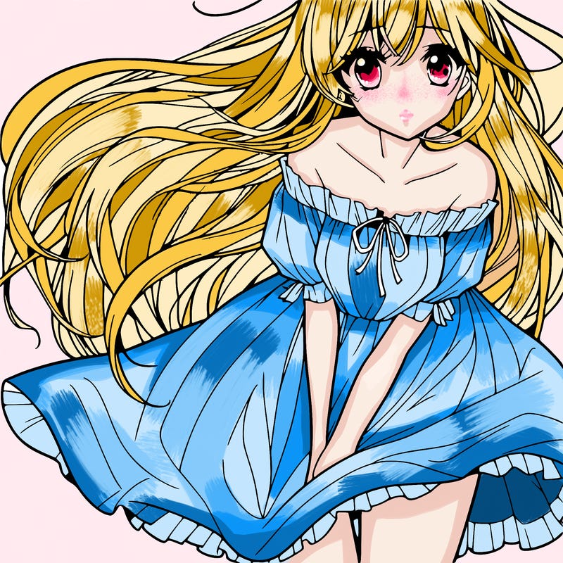 manga girl with long flowing hair and a dress that is pushed down
