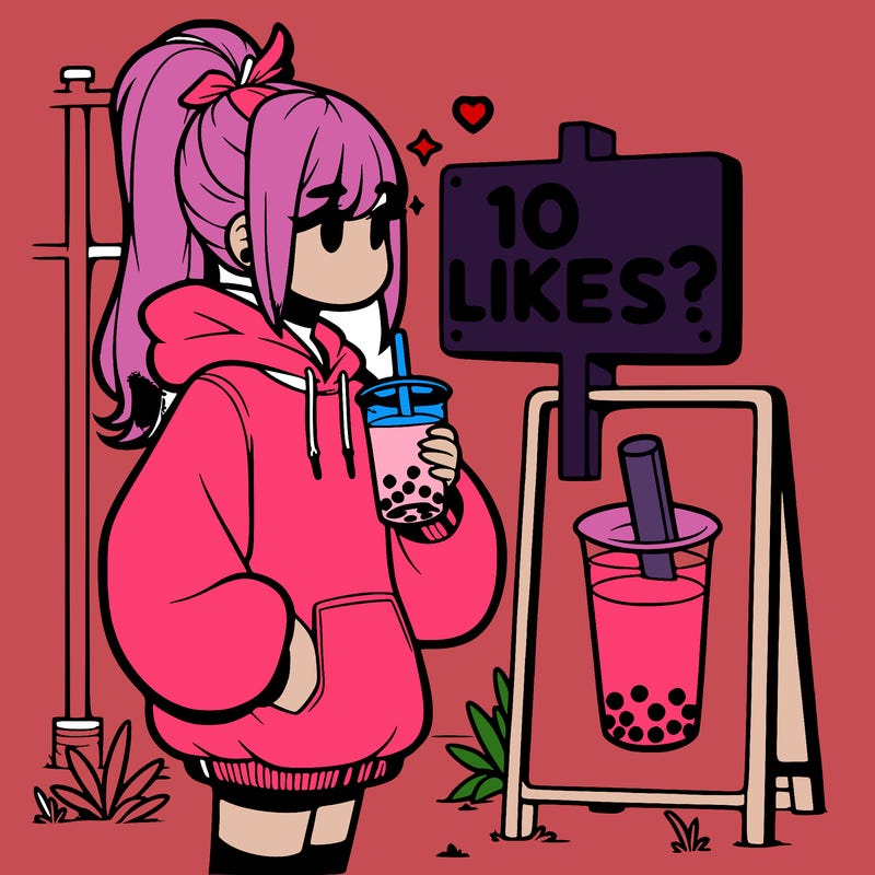 girl with oversized hoodie drinking boba and she has a high ponytail with a sign that says 10likes?