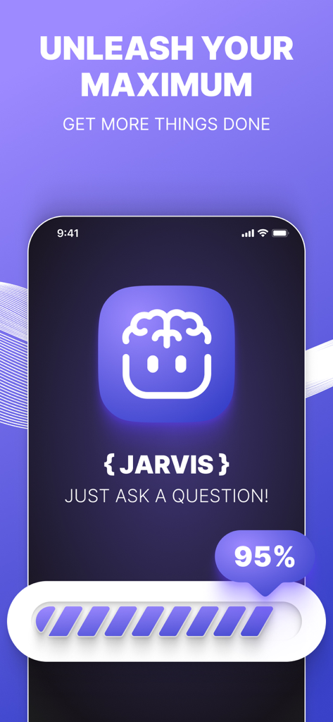Jarvis AI Chat bot app interface with brain icon and productivity progress bar